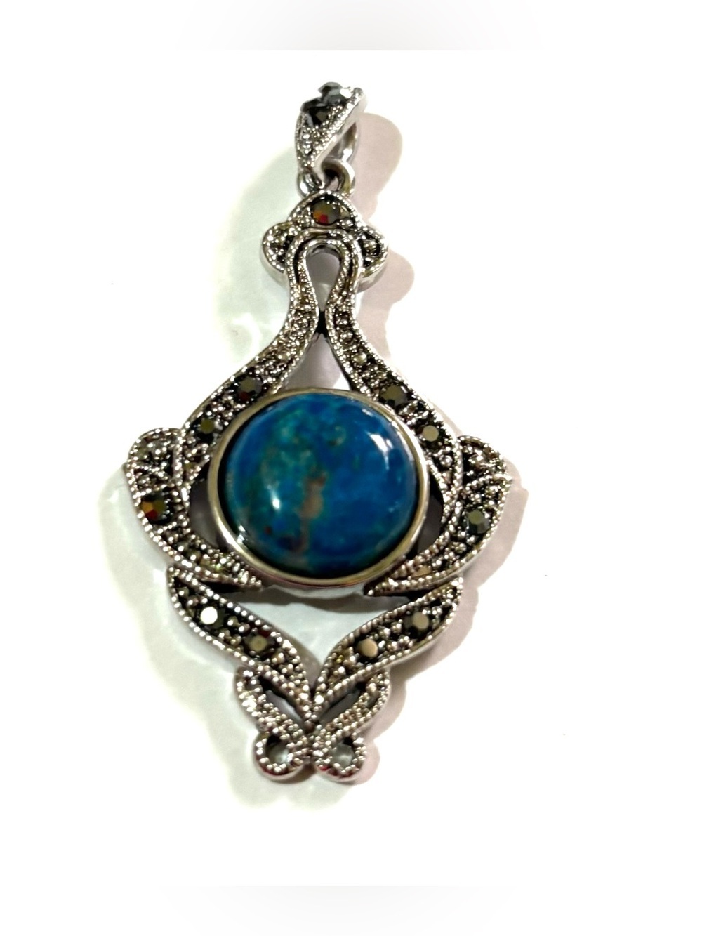 Vintage Blue and Teal Round Stone Filigree Pendant Necklace